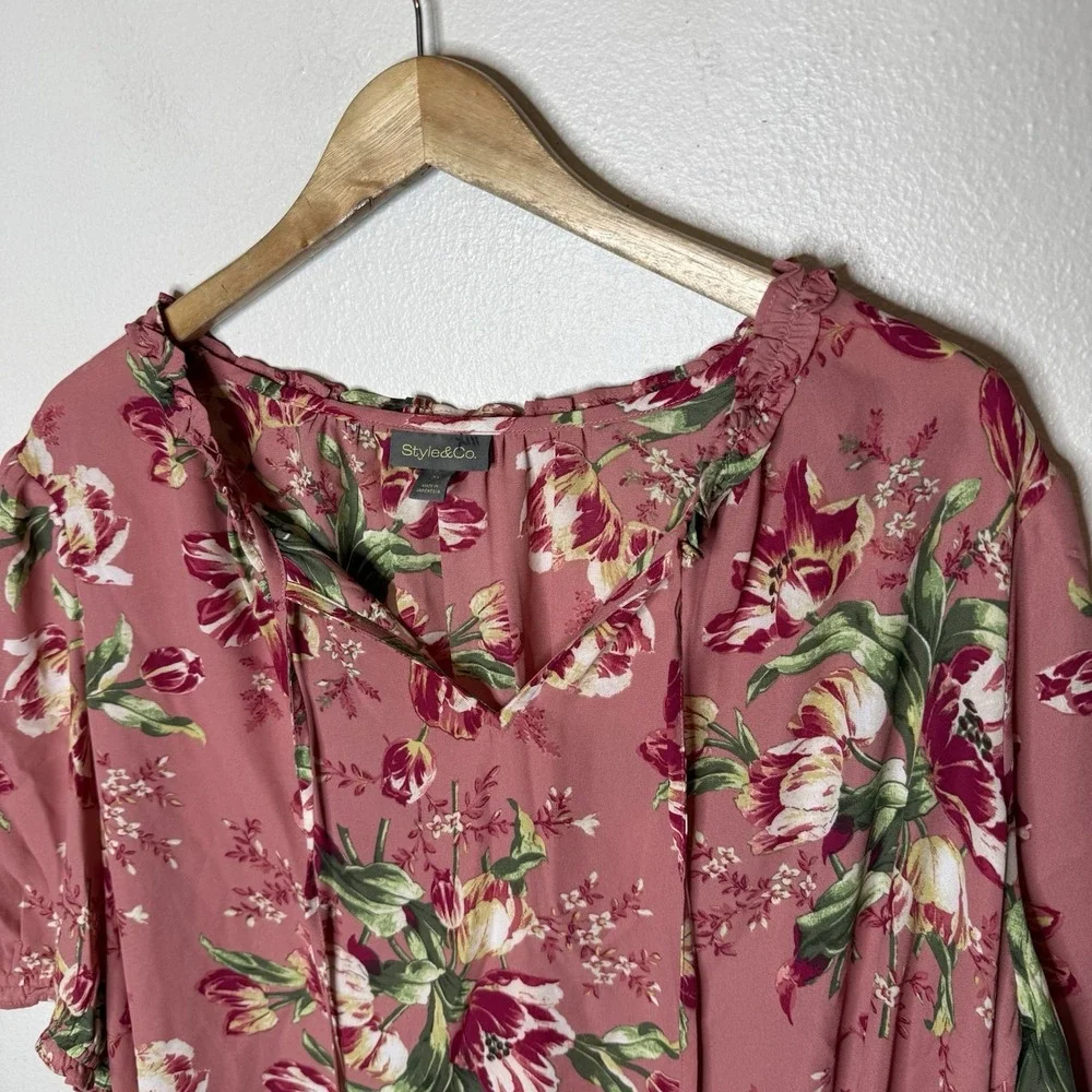New Style And‎ Co Pink Ruffle Puff Sleeve V-neck Spring Top Blouse Womens 3X